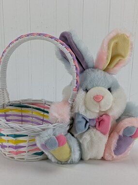 Vintage MTY Easter Basket with Bunny Plush 10" Stuffed Animal Multicolor Pastel